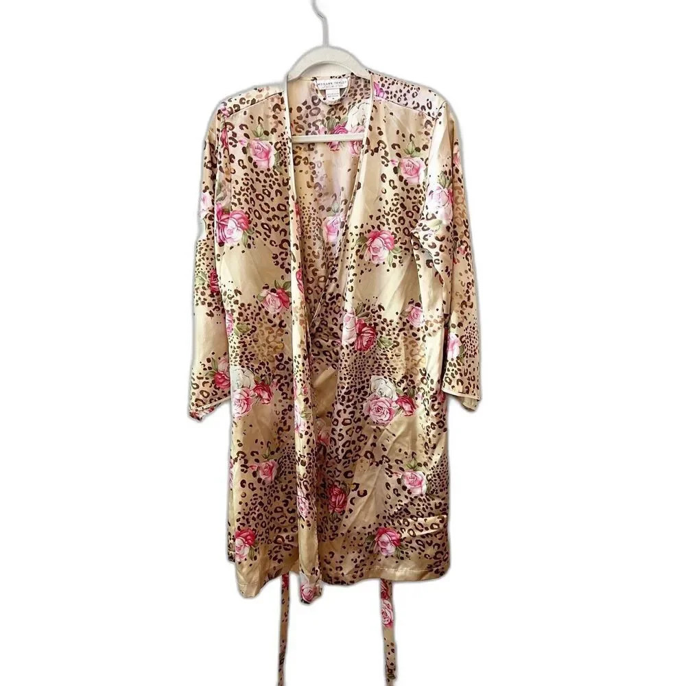Vtg Morgan Taylor Intimates Leopard Rose Silky Robe Kimono Sz Medium